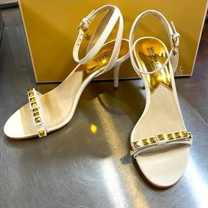 MICHAEL Michael Kors White Ankle Strap Bow Heels with Gold Studs